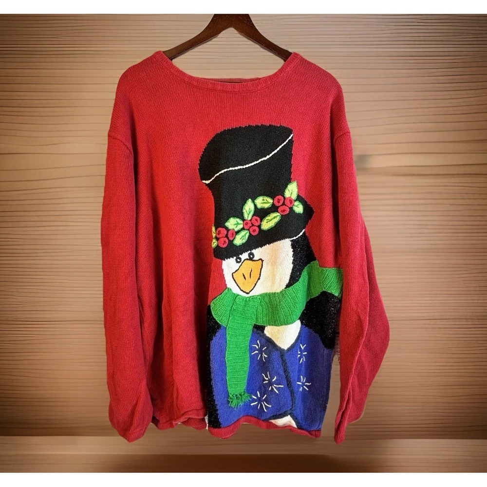 The Quacker Factory Christmas Sweater 2X Plus Penguin Red Graphic Kitsch Festive - Picture 1 of 13